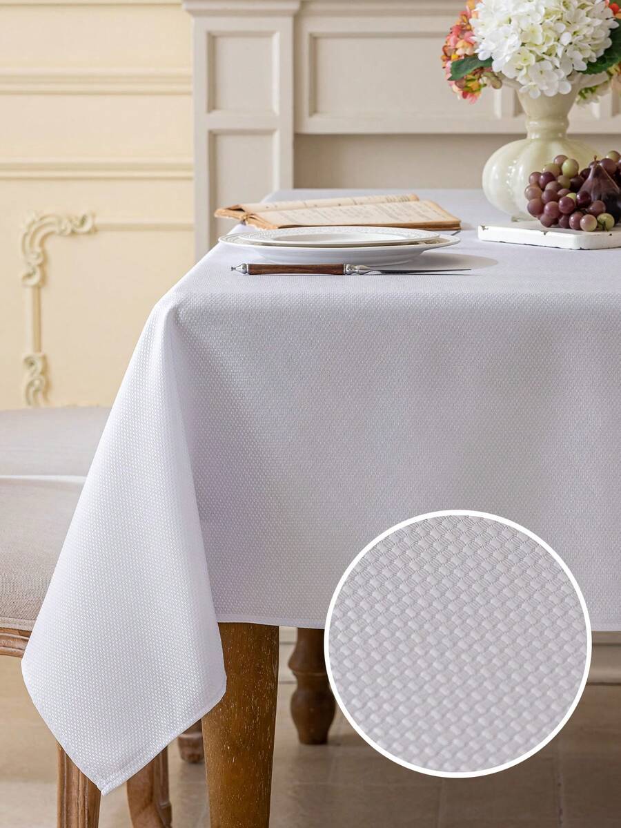 1pc Textured Pattern Tablecloth Cover, Diamond Lattice Jacquard Anti-Wrinkle Washable Rectangular Tablecloth, Suitable For Multiple Functional Decor, Home Dinner, Party, Picnic, Wedding, Banquet And Other Dining Occasions - White - View 1