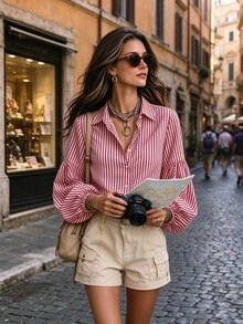 Women's Red And White Striped Front Button Shirt, Bishop Sleeve Long Sleeve Fashion Top, Suitable For All Seasons - Red - View 7