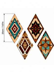 4pcs/Set Bohemian Style Wooden Wall Hanging Decor, Rhombus Geometric Pattern, Suitable For Living Room, Bedroom And Hallway, Rustic Farmhouse Home Decoration - Multicolor - View 3