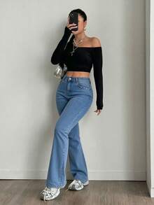 Women's High-Waisted Flared Jeans, High Stretch, Available In Two Colors With Distressed Pocket Details - Medium Wash - View 3
