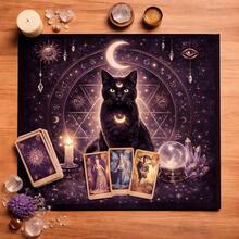 1pc Black Cat Tarot Cloth, Moon Star Pentagram Altar Cloth, Witchy Divination Tablecloth, Soft Fabric Tarot Card Mat For Tarot Reading, Wiccan Spiritual Ritual Decor - Black - View 2