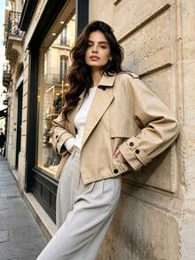 Camellia Autumn New Women's European And American Style Fashion Minimalist Versatile Puff Effect Short Jacket - Khaki - View 4