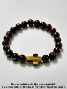 1pc Tiger Eye Stone Men's Cross Bracelet, Confidence, Protection, Stability, Strength, Bohemian Style Energy Healing Yoga Meditation Spiritual Jewelry, Unisex - Multicolor - View 6