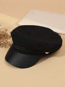 1pc Solid Color Minimalist Newsboy Cap With Leather Strap And Button, Japanese Style Sailor Beret Hat, Women's Outdoor - Black - View 10