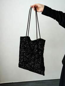 Tas Tote Sequin Patchwork Motif Leopard Gaya Hot Girl, Tas Bahu Kapasitas Besar Gaya Manis dan Keren, 1 buah Tas Wanita Poliester Colorblock - Hitam - View 6