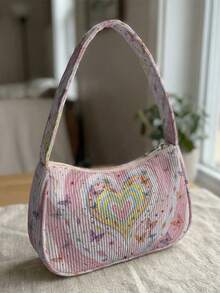 1pc Love Print Corduroy Shoulder Bag, Underarm Bag, Large Capacity Storage, Zip Closure Y2K Baguette Handbag For Daily Travel Gift - Pink - View 1