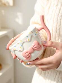 1pc Creative Embossed Bow Mug, Coffee Cup, Straw Handle Design, Ceramic Straw Cup, Cola Cup, Cold Drink Cup, Breakfast Soy Milk Cup, Hand Wash Only, Reusable, Ideal Gift - Multicolor - View 5