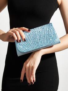 REMANLAND Ice Blue Wedding Clutch, Elegant Satin Pleated Decor With Sparkling Rhinestones, Exquisite Evening Bag, Suitable For Matching Bride And Bridesmaid Dresses - Baby Blue - View 2