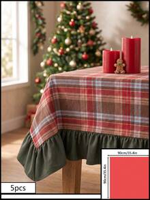 1pc Red And Green Plaid Tablecloth, Country Pastoral Style, Fabric Material, Rectangular Shape, Green Ruffle Trim Decoration, Beautifies And Protects Tabletop, Functional Dining Tablecloth Suitable For Christmas And Winter Home Decor Scenes - Red - View 15