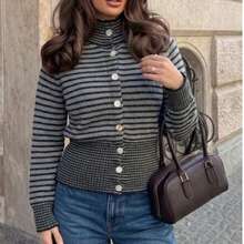 Fashion Plus Size Women's Striped Knit Cardigan, Long Sleeve Stand Collar Button Sweater, Autumn Essential Women's Clothing - Grey - View 8