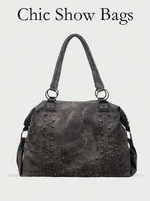 CHAIKA & KILTER 1pc Solid Color PU Fabric Shoulder Bag, Stitching & Rivet Decor, Dual Handle Design, Zipper Closure, Suitable For Daily Shopping - Black - View 2