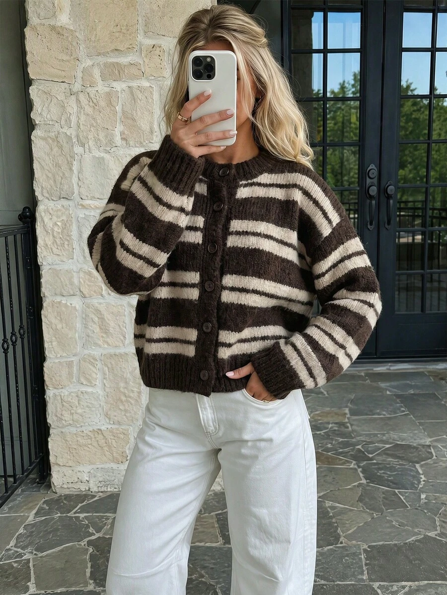 Women's New Autumn/Winter Striped Round Neck Long Sleeve Knit Top For Commuting - Black Coffee & Apricot - View 1