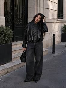 Women's Vintage Aviator Jacket Drop Shoulder Leather Coat, Autumn/Winter Halloween Outfit - Black - View 2