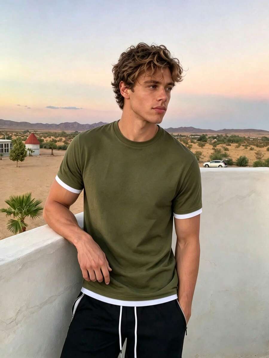 Camvyn Men's Summer Fashion Versatile 2 In 1 Crew Neck Short Sleeve T-Shirt - Army Green - View 1