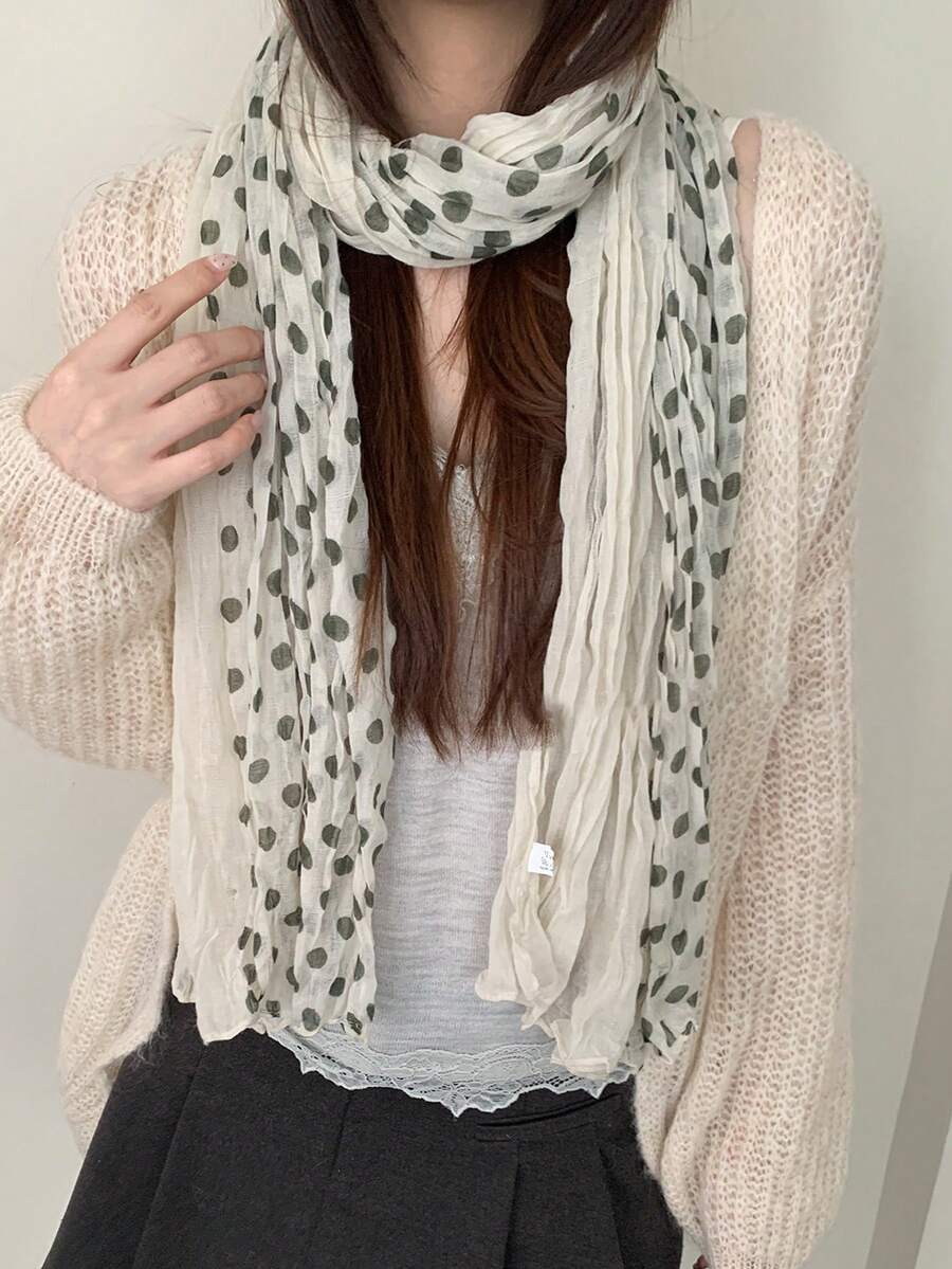 1pc Women's Pleated Polka Dot Print Scarf, Lightweight Sheer Long Neck Shawl, French Soft Wrap, Suitable For Daily Wear And Vacation - Multicolor - View 1