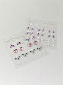 2pcs No-Drill Fake Ear Stud Stickers, Self-Adhesive Rhinestone Pearl Heart Temporary Ear Studs Gemstones, Suitable For Music Festival, EDM Party, Christmas Party Makeup - Multicolor - View 7