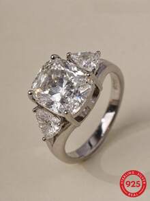 Light Luxury Banquet Style S925 Silver Zirconia Ring, Cushion-Cut Large Main Stone With Triangle Side Stones, Niche Gift Ring - Silver - View 4