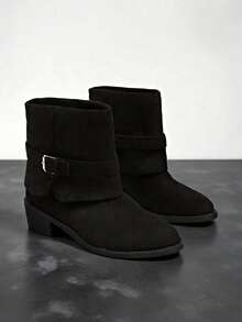 Buckle Strap Suede Mid-Calf Boots, Plus Size Wide Toe Vintage Casual Women's Ankle Boots - Black - View 5