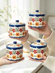 4pcs, 2pcs, 1pc Vintage Floral Seasoning Jars, Ceramic Salt Shakers, Condiment Containers With Lids And Spoons, Chili Oil Jars, Holiday Gift - Multicolor - View 18