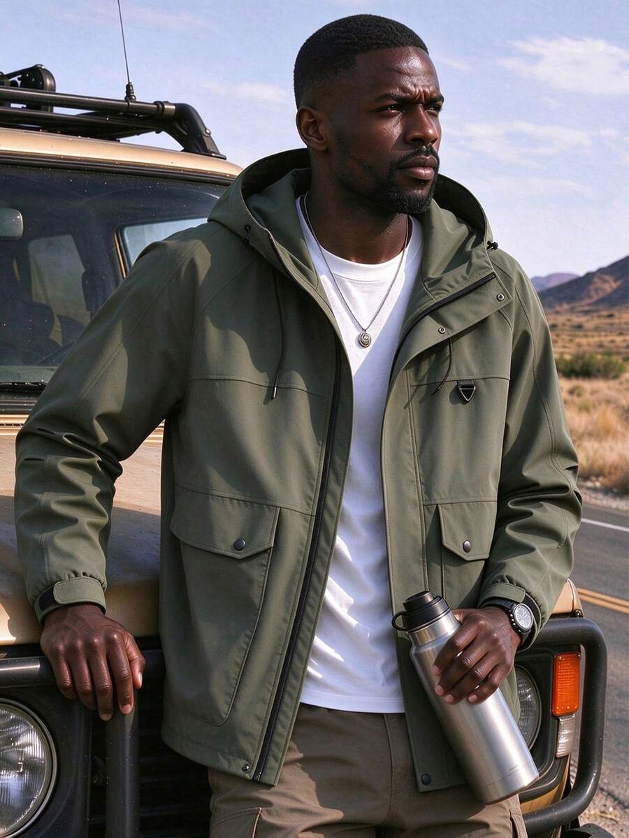 Men's Street Tough Style Multi-Pocket Military Hooded Jacket, Loose Fit Plus Size Outdoor Hiking, Stream Trekking, Camping, Versatile Jacket For Autumn/Winter