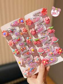 20/10pcs Fruit & Flower Quicksand Hair Clips For Girls, All-Season Daily Wear, Girls Gift, Party Gift, Girls Hair Accessories - Multicolor - View 12