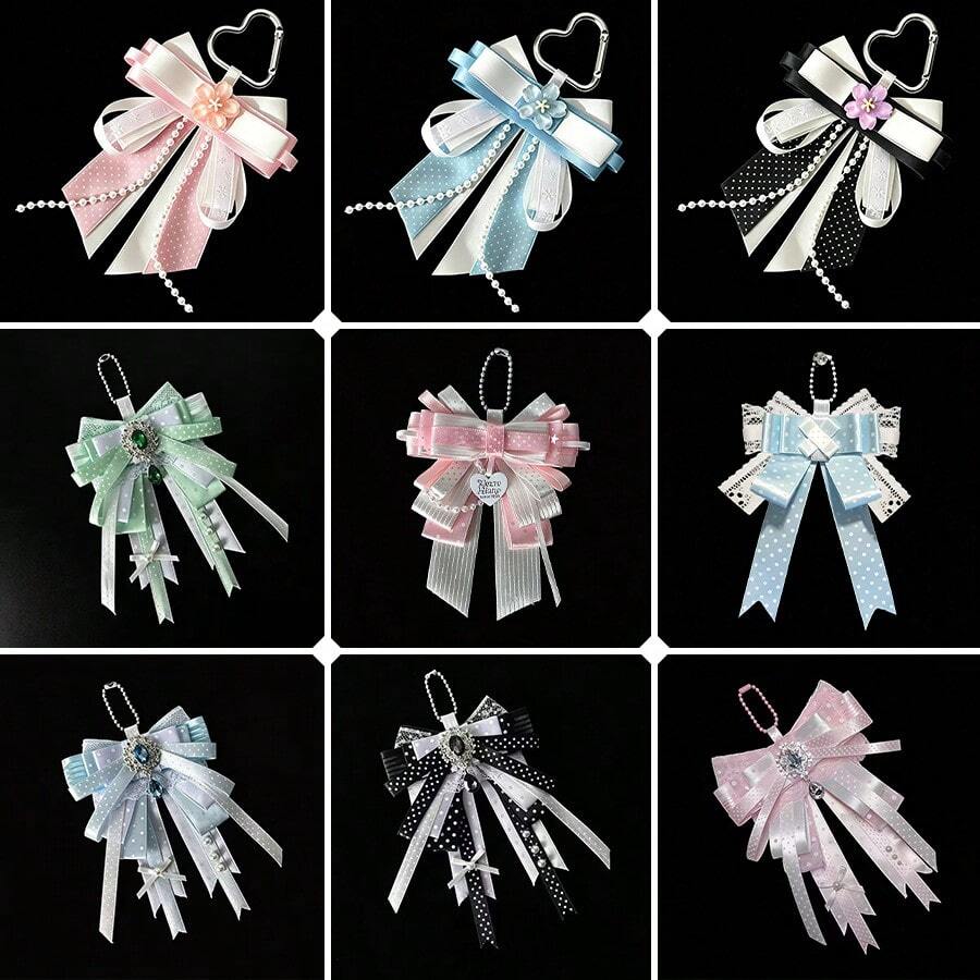 1pc Polka Dot Ribbon Multi-Layer Bow Bag Charm, Anime Cosplay Concert Fan Support Ita Bag Accessory, Lace Trim Beaded Chain Lanyard Heart Buckle Flower Decor Handmade Jirai Kei Girl Idol Support Decoration Pendant - A - View 1