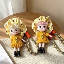 1pc Cute Random Hair Color Doll Keychain, Movable Joints, Kawaii Curly Hair Doll Bag Charm With Bear Button Overalls, Suitable For Backpack And Handbag Decoration, Gift For Girls - Multicolor - View 5