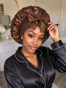 Awegeo 1pc Women's Bonnet Sleep Cap, Solid Color Tie, Silky Fashion Satin Cap, Casual Comfortable Sleep Hair Protection Cap, Anti-Slip Sleep Cap - Multicolor - View 1
