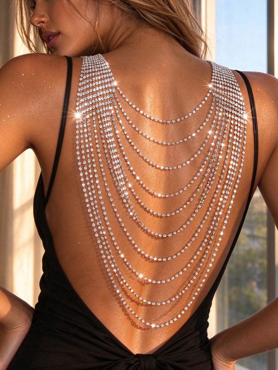 1pc Women's Backless Crystal Back Necklace, Shiny Rhinestone Multi-Function Tassel Party Bikini Outfit Accessory - Silver - View 1