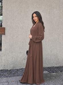 Conjunto de 2 piezas de abaya estilo kimono largo y modesto & vestido largo para mujer (excluyendo el pañuelo para la cabeza) Eid Primavera Otoño - Marrón oscuro - Ver 6