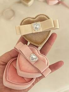 Satin Heart-Shaped Ring Box Travel Jewelry Storage Box, Cute Velvet Earring Necklace Box, Crystal Bow Detail Ring Box, Proposal Ring Box Protective Jewelry Storage Box, Suitable For Rings And Bracelets, Birthday Gift For Girls And Women, Proposal Ring Box - Multicolor - View 5