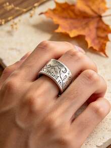 1Pc Men's Silver Tone Mountain & Moon Pattern Ring, Vintage Style, Suitable For Wedding, Banquet, Party, Daily Wear. No Box. - Silver - View 2