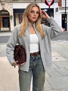 Nicenter Women's Autumn Lapel Casual Loose Drop Shoulder Double Pocket Zippered Wool Blend Sweater, Suitable For Winter Wear, Socializing, And Daily Outings - Grey - View 4