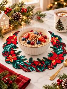1-10pcs Christmas Linen Round Placemat & Trivet, Scalloped Edge Poinsettia Wreath Bell Holly Berry Printed Heat Insulation Table Mat, Festive Holiday Dining Kitchen Decor - Placemat - View 6