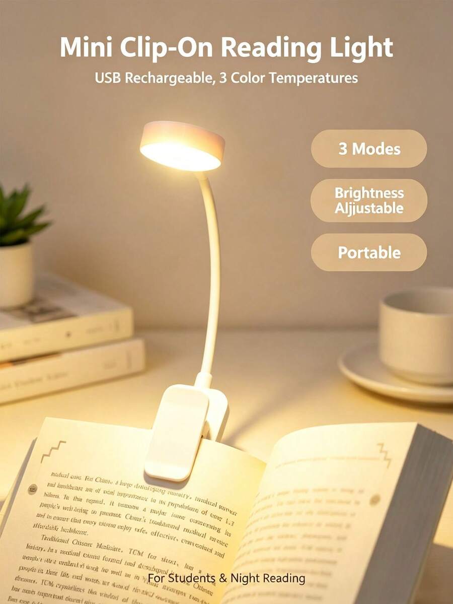 Rechargeable LED Clip On Reading Light, Portable Mini Book Lamp, 3 Color Temperatures Dimmable Brightness, Eye Care Desk Lamp For Student Study, Bedside Reading, Dorm, Office, Travel, Bedroom Night Reading