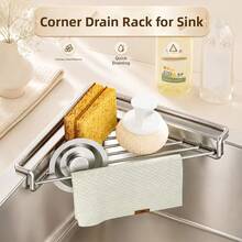 Stainless Steel Triangular Sink Drain Rack – Space-Saving Kitchen Sink Organizer For Sponges, Dish Soap, Dishcloths, Brushes, Scrubbers & Rags – Countertop Storage Holder – Home Kitchen Accessories - A - View 2