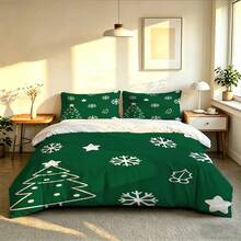 3-Piece Green Christmas Tree, Snowflake & Holly Pattern Bedding Set, Festive Cozy Room Decor, Skin-Friendly Breathable Ultra-Soft Anti-Pilling Duvet Cover & Pillowcases, No Comforter Insert, Fits Twin/Full/Queen/King Bed, All-Season Home Textiles, Machine Washable - Multi-color B - View 5