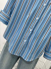 Women's Elegant Striped Long Sleeve Button-Down Shirt Collar Top, Blue Polyester Non-Stretch Blouse - Multicolor - View 7
