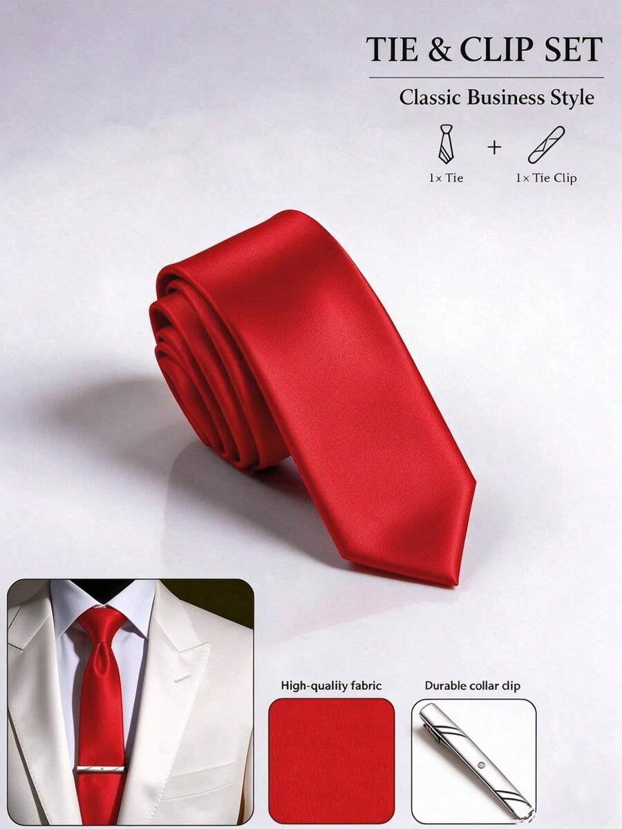 1 Set Men's 5cm Solid Color Satin Necktie With Tie Clip, Business Premium Fashion Versatile Accessory, Suitable For Business Work, Wedding Party, Gathering, Evening Event, Speech Competition - Red - View 1