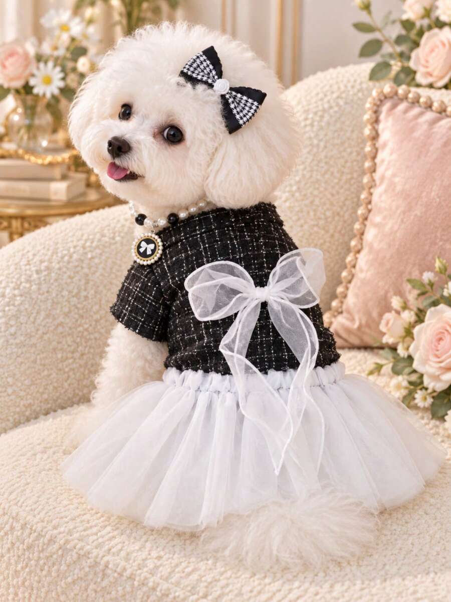 1. 可愛寵物公主芭蕾舞裙，緞面拼色狗狗服裝，附蝴蝶結裝飾與配套髮箍，適合拍照與節日，全新 1 套公主裙 / 1 個髮夾 - 黑色 - 查看 1