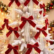 1pc Christmas Flocked Bow Pearl Pendant, Christmas Tree Ornament, Wall Decor Holiday Scene Arrangement - Multicolor - View 1