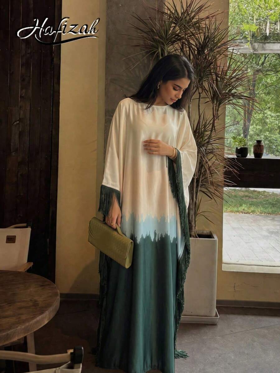 Hafizah Women's Silk-Texture Gradient Color Dress, White To Pink-Purple Gradient, With Tassel Trim, Suitable For Formal Occasions Abaya Fall