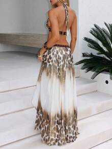 Women's Elegant Sexy Bold Avant-Garde Date Beach Halter Neck Printed Dress - Brown - View 10