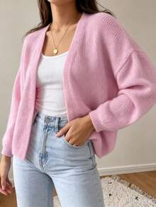 Women's Spring/Autumn/Winter Pink Basic Minimalist Long Sleeve V-Neck Front Open Cardigan Knit Jacket, Solid Color Gentle Casual Daily Wear - Pink - View 3