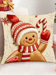 1pc Christmas Holiday Decor Square Pillow Case Cartoon Snowman Reindeer Santa Claus Gingerbread Man Design Without Pillow Insert - Multicolor - View 5