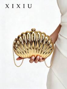 Mini Seashell Shaped Laser Metal Clutch, Y2K Vintage Metal Frame Chain Shoulder Crossbody Bag, Suitable For Women's Formal Dinner, Outing, Dating, Shopping And Other Occasions - Gold - View 1