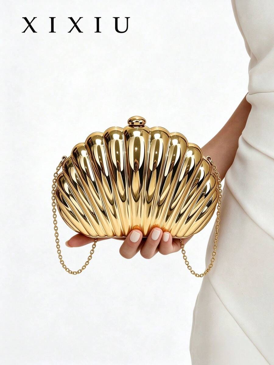 Mini Seashell Shaped Laser Metal Clutch, Y2K Vintage Metal Frame Chain Shoulder Crossbody Bag, Suitable For Women's Formal Dinner, Outing, Dating, Shopping And Other Occasions - Gold - View 1
