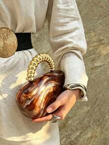 Light Luxury Gold Bead Handle Acrylic Hard Shell Bridal Evening Bag,Marble Pattern Asymmetrical Clutch,Fashion Handbag For Wedding Ceremony,Party - Coffee - View 4