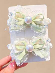 2pcs Girls Simple Bow & Bead High Elasticity Versatile Cute High Ponytail Bun Hair Ties Suitable For Daily Wear - Multicolor - View 4