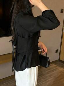 YCYC 法式優雅設計分層兩件式套裝 吊帶背心與襯衫 女款獨特上衣 春季新款穿搭 - 黑色 - 查看 4